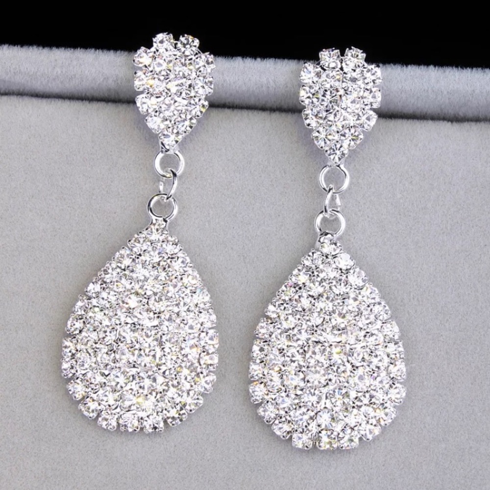Platinum Plated Rhinestone Drop Earrings - Picture 3 of 6